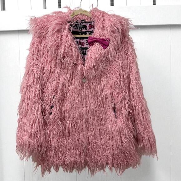 Hello Kitty x Dolls Kill Size S small Pink Furry Faux Fur Jacket Coat Shaggy - Picture 1 of 6